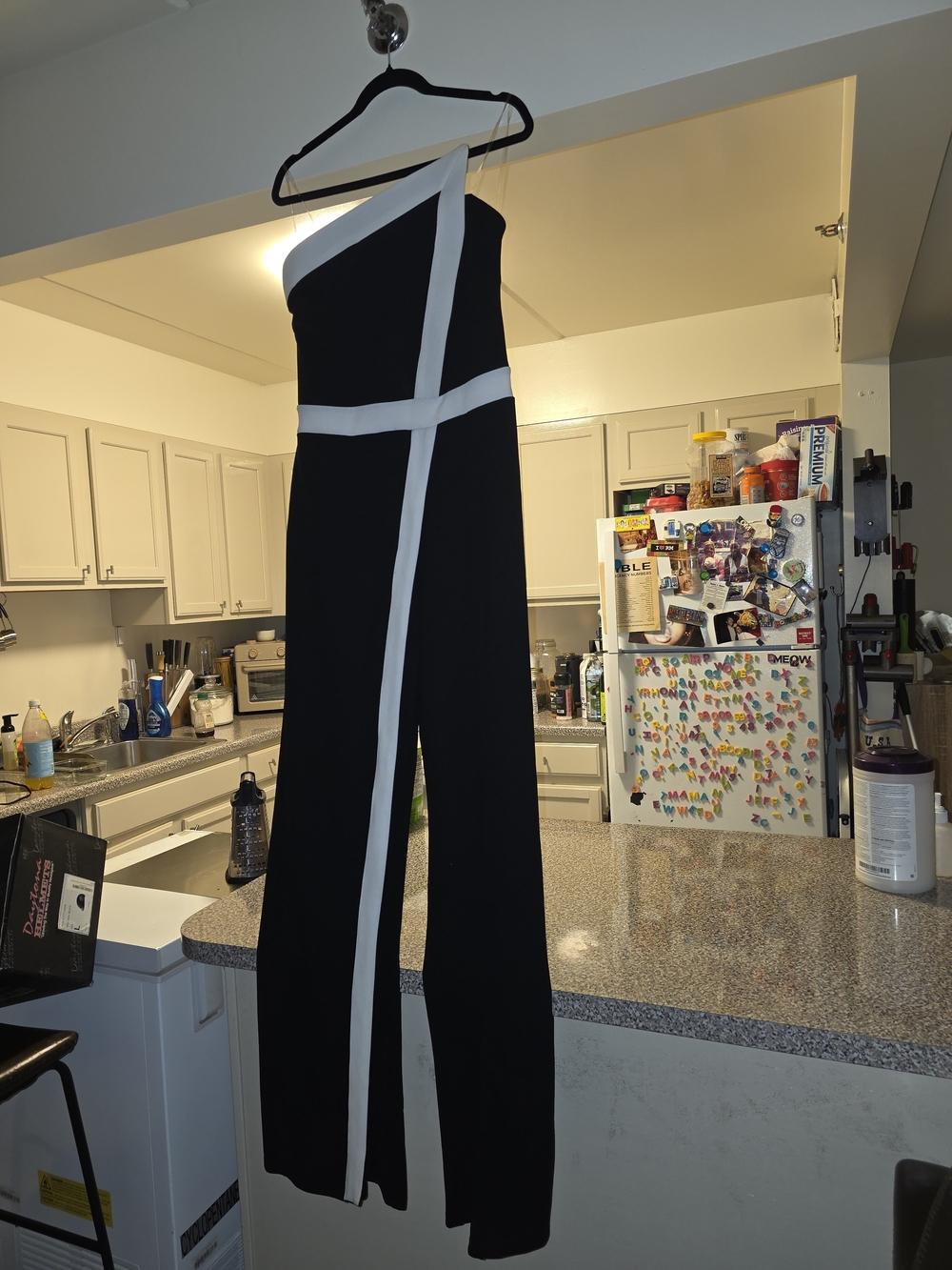 Fashion Nova Black One-Shoulder Jumpsuit with White Stripes